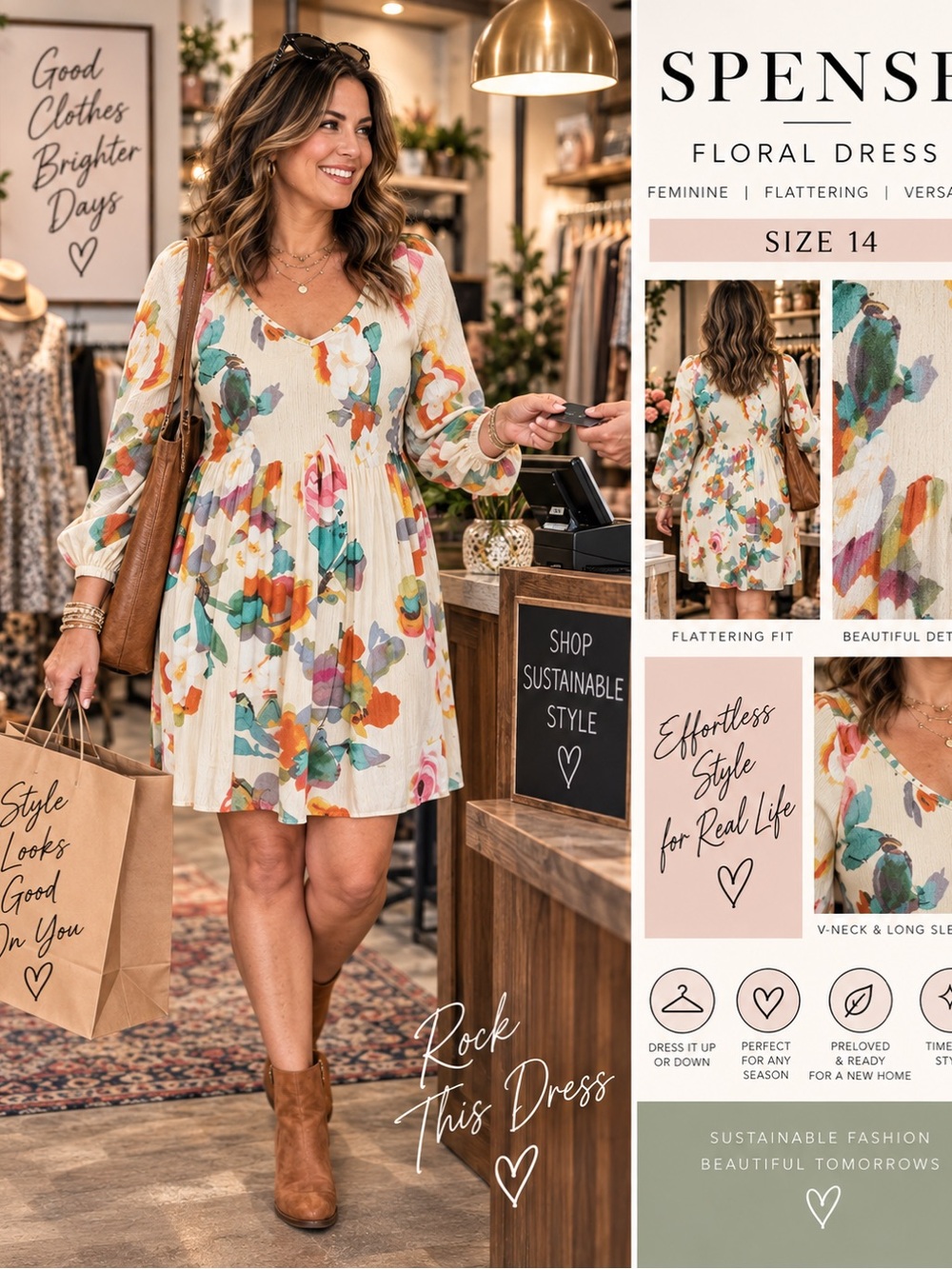 Spense Cream Floral Midi Dress with Pink, Green and Blue Bouquet